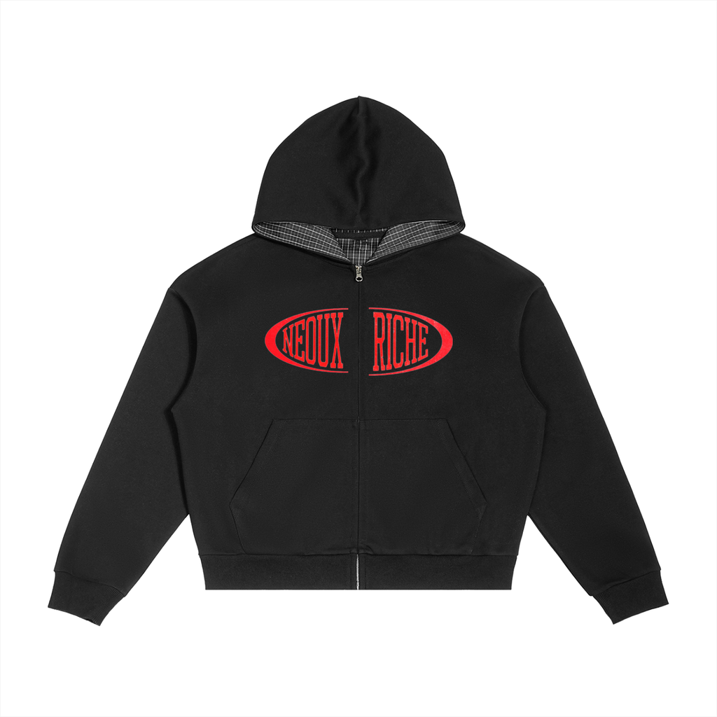 Contrast Plaid Boxy Zip Hoodie